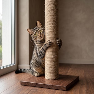 Pode incluir: Um gato malhado castanho com riscas escuras e olhos amarelos agarra um poste arranhador cilíndrico alto, envolto em corda de sisal castanha clara. O poste está fixado numa base quadrada de madeira castanha escura sobre um chão de madeira.