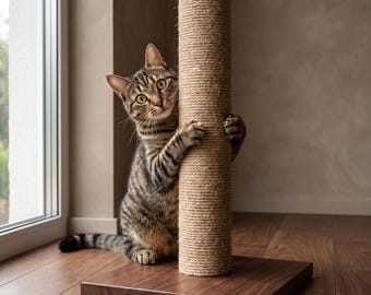 52 cm (20.5 in) Solid Wood Cat Scratching Post | Jute Cat Scratcher Column | Aesthetic Kitten Furniture Gift