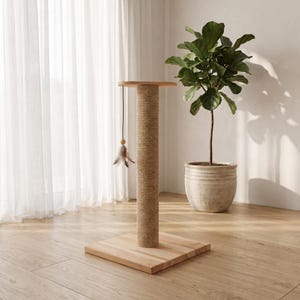 May include: A cat scratching post featuring a square light wood base and a matching circular top platform. The central vertical column is wrapped in thick, natural-colored sisal rope. A thin cord with a small feather toy hangs from the top.