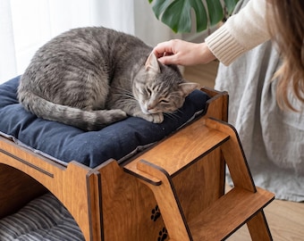 2-Story Wooden Cat House with Steps | Modern Indoor Cat Cave Bed | Japandi Pet Furniture with 2 Cushions