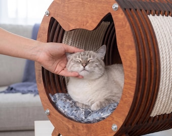 Cat Bed Indoor | Wooden Cat House Cave | Cat Scratcher Furniture | Cute Cat Condo Bed | Modern Elevated Pet House