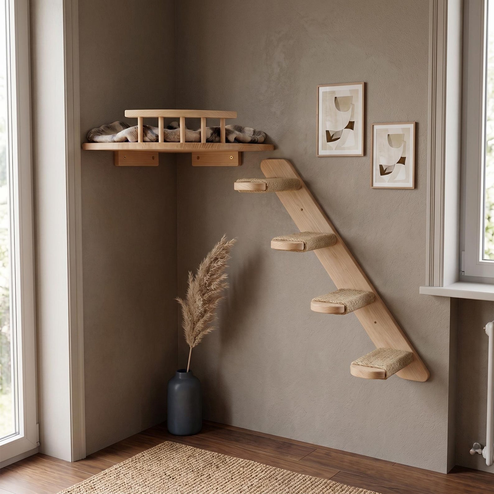 Eco Wooden Cat Wall Corner Bed with Steps
