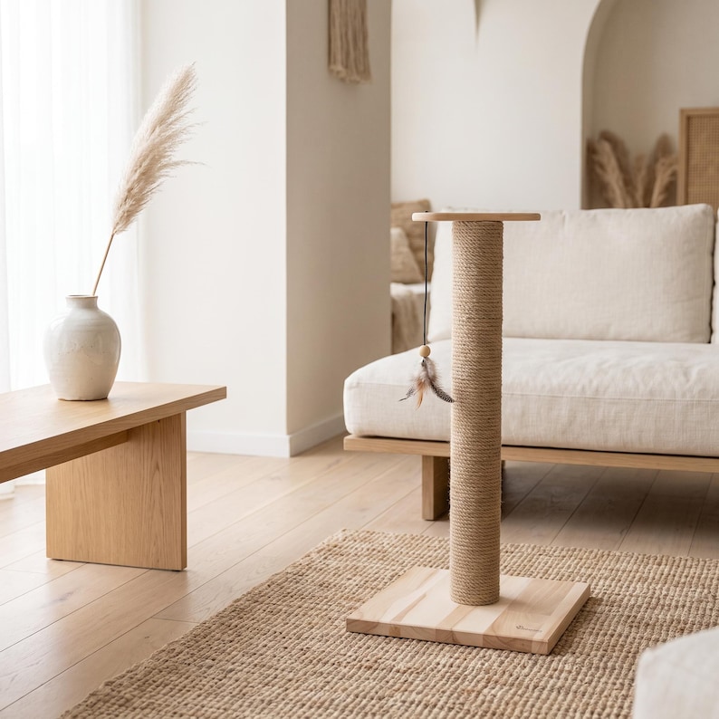 May include: A cat scratching post featuring a square light-colored wooden base and a vertical cylindrical column wrapped in natural tan sisal rope. A thin black string hangs from the top platform, attached to a small wooden bead and feathers.