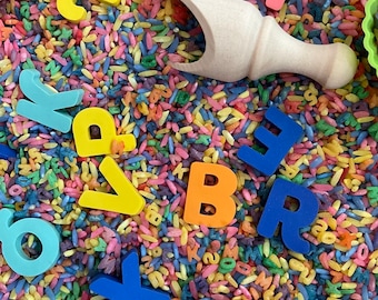 Letter sensory kit — Colored Rice — sensory bin — creative play — ABC