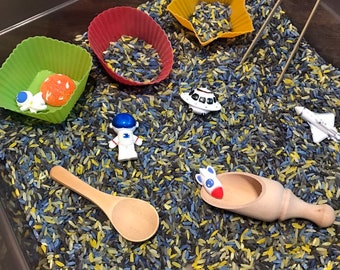 Outer space themed sensory kit — Colored Rice — sensory bin — creative play