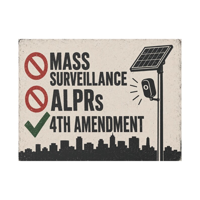 Vintage stadsbord voor in de tuin, 24x18 cm met paal: Geen massasurveillance, bord ter ondersteuning van het 4e amendement, anti-ALPR kentekenplaatlezer afbeelding 1