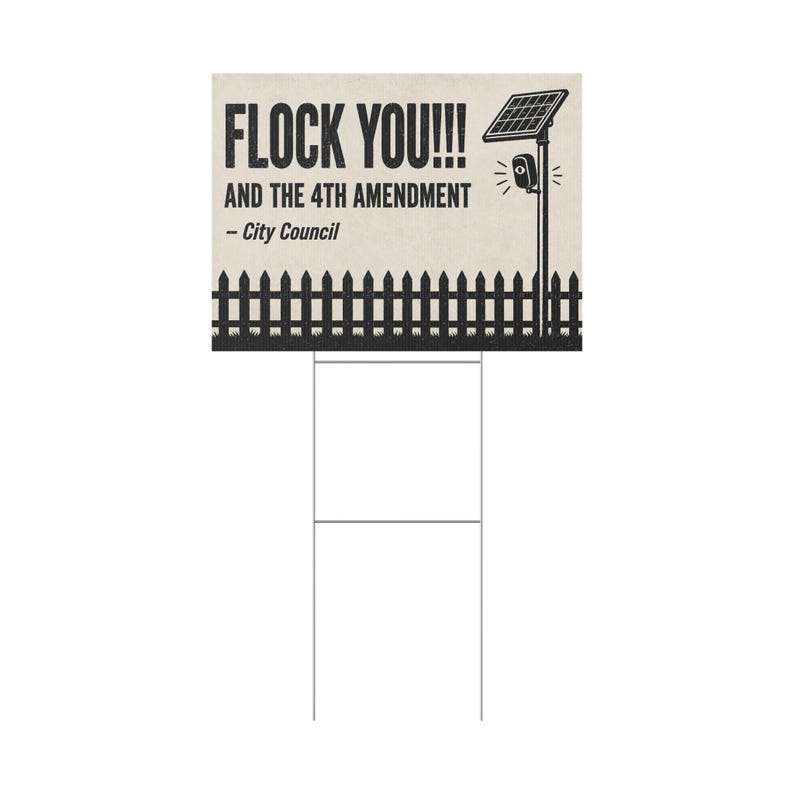 Panneau de protestation vintage avec clôture en piquet, 61 x 46 cm avec piquet : « FLOCK YOU » et le 4e amendement. Caméra anti-effraction, LAPI, anti-surveillance. image 3