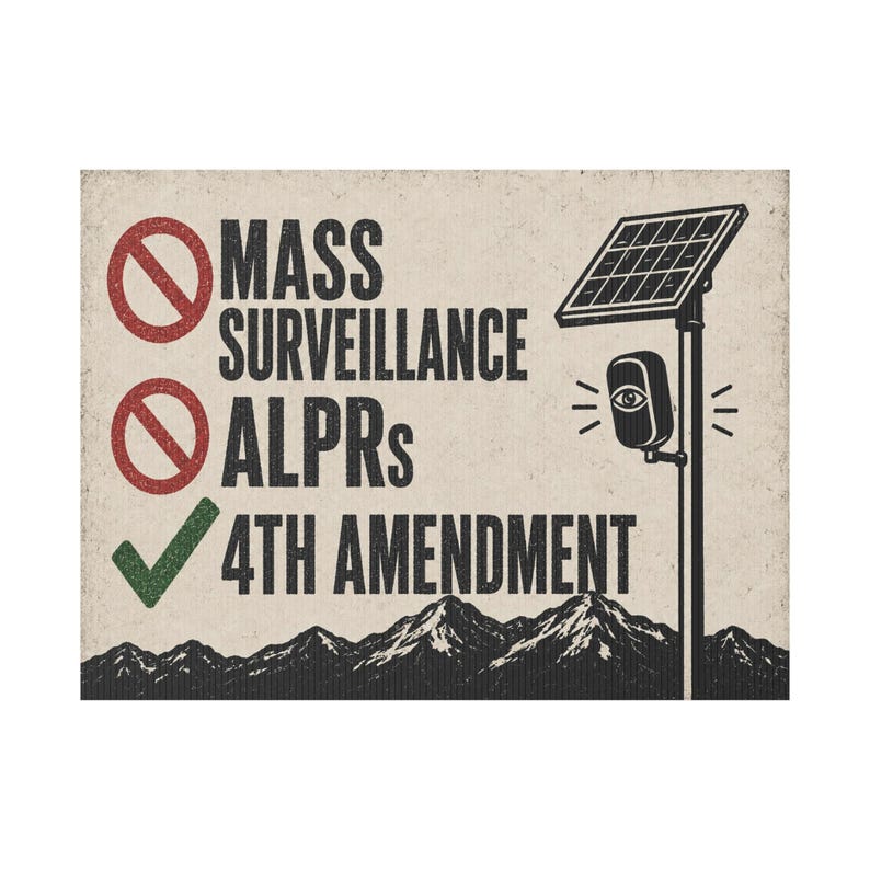 Vintage Mountain Privacy Yard Sign, 24x18 with Stake: No Mass Surveillance, 4th Amendment Lawn Sign, Anti ALPR License Plate Reader image 1