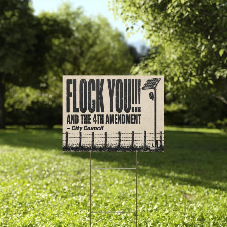 Zabytkowy znak protestacyjny z drutu kolczastego, 24x18 z palikiem: FLOCK YOU i 4. poprawka. Kamera antyflockowa, ALPR, antymonitoring. zdjęcie 5