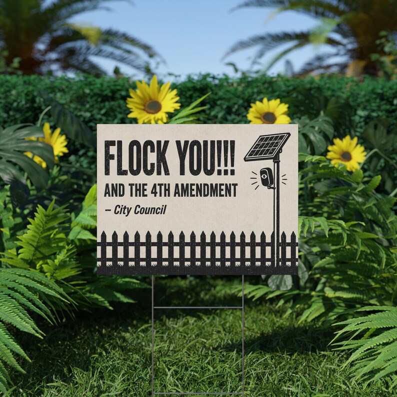 Panneau de protestation vintage avec clôture en piquet, 61 x 46 cm avec piquet : « FLOCK YOU » et le 4e amendement. Caméra anti-effraction, LAPI, anti-surveillance. image 6