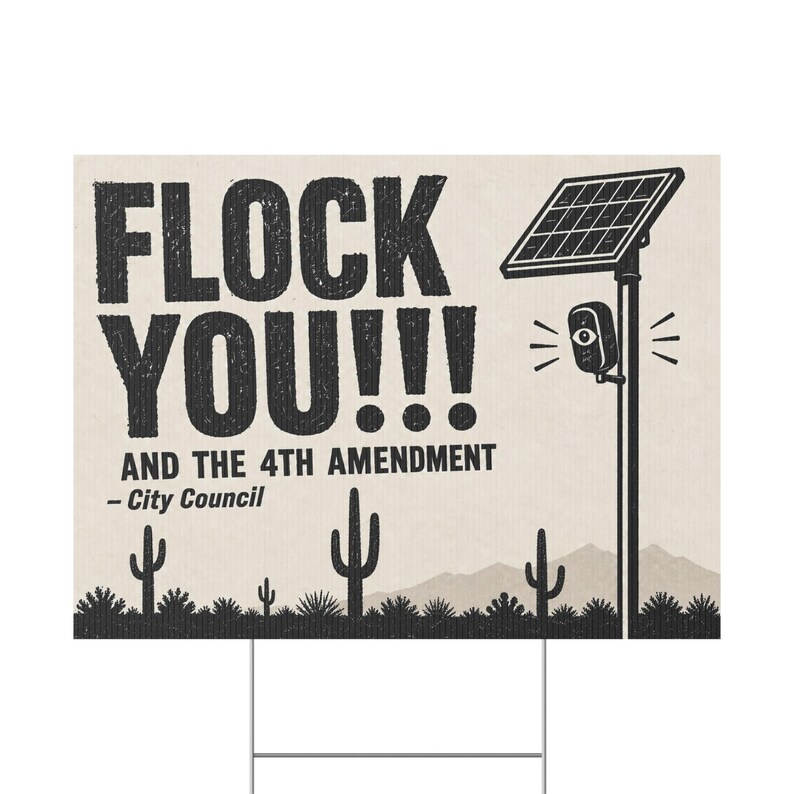 Cartel de protesta vintage de Saguaro para jardín, 24x18 con estaca: FLOCK YOU y la 4ª Enmienda. Cámara anti-Flock, ALPR, anti-vigilancia. imagen 2