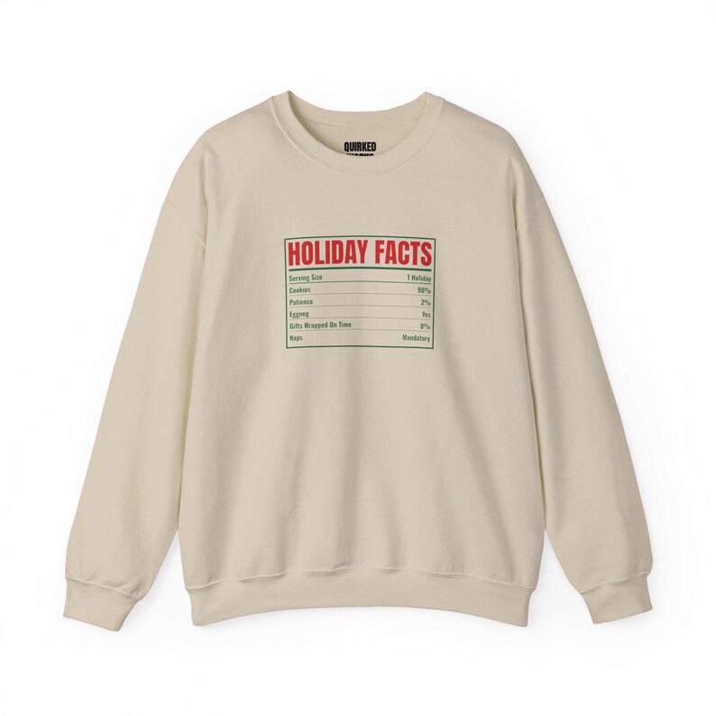 Sweatshirt met voedingswaarde-etiket en feestelijke print, kersttrui met ronde hals, kerstcadeau voor hem of haar, outfit voor een kerstfeest, bijpassende kerstoutfit voor het hele gezin afbeelding 5