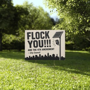 Cartel de protesta vintage con el horizonte de la ciudad, 24x18 con estaca: FLOCK YOU y la Cuarta Enmienda. Cámara anti-Flock, ALPR, anti-vigilancia. imagen 5