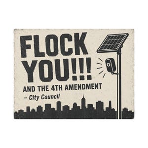 Cartel de protesta vintage con el horizonte de la ciudad, 24x18 con estaca: FLOCK YOU y la Cuarta Enmienda. Cámara anti-Flock, ALPR, anti-vigilancia. imagen 1