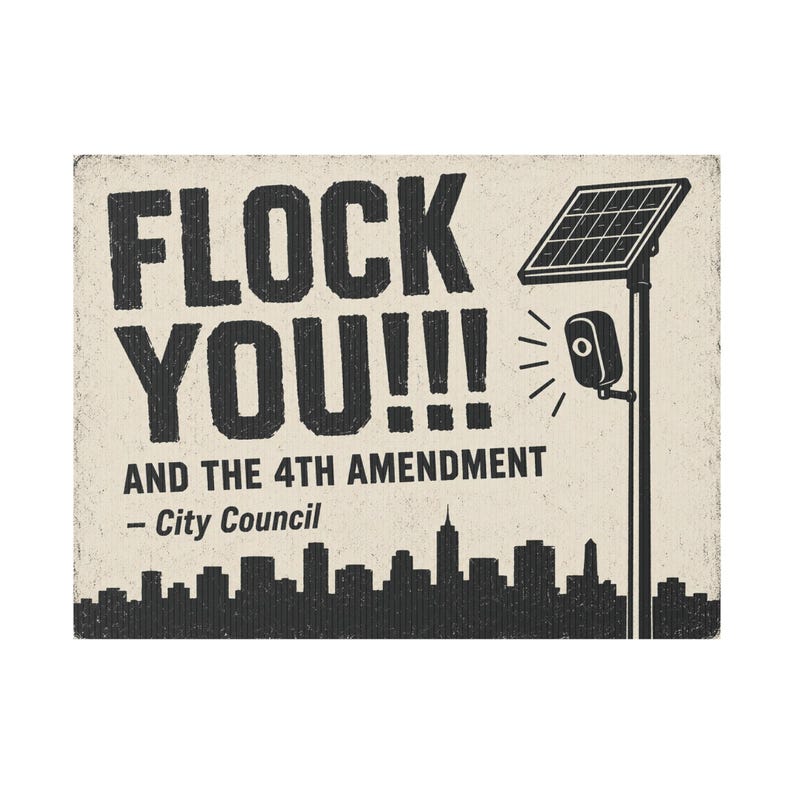 Cartel de protesta vintage con el horizonte de la ciudad, 24x18 con estaca: FLOCK YOU y la Cuarta Enmienda. Cámara anti-Flock, ALPR, anti-vigilancia. imagen 1