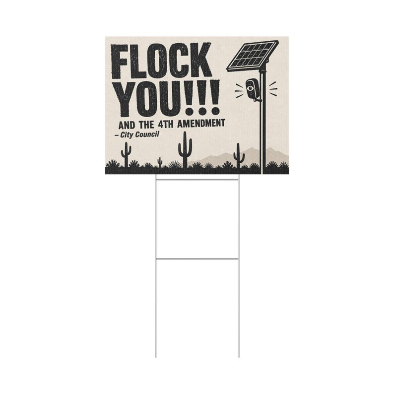 Cartel de protesta vintage de Saguaro para jardín, 24x18 con estaca: FLOCK YOU y la 4ª Enmienda. Cámara anti-Flock, ALPR, anti-vigilancia. imagen 3