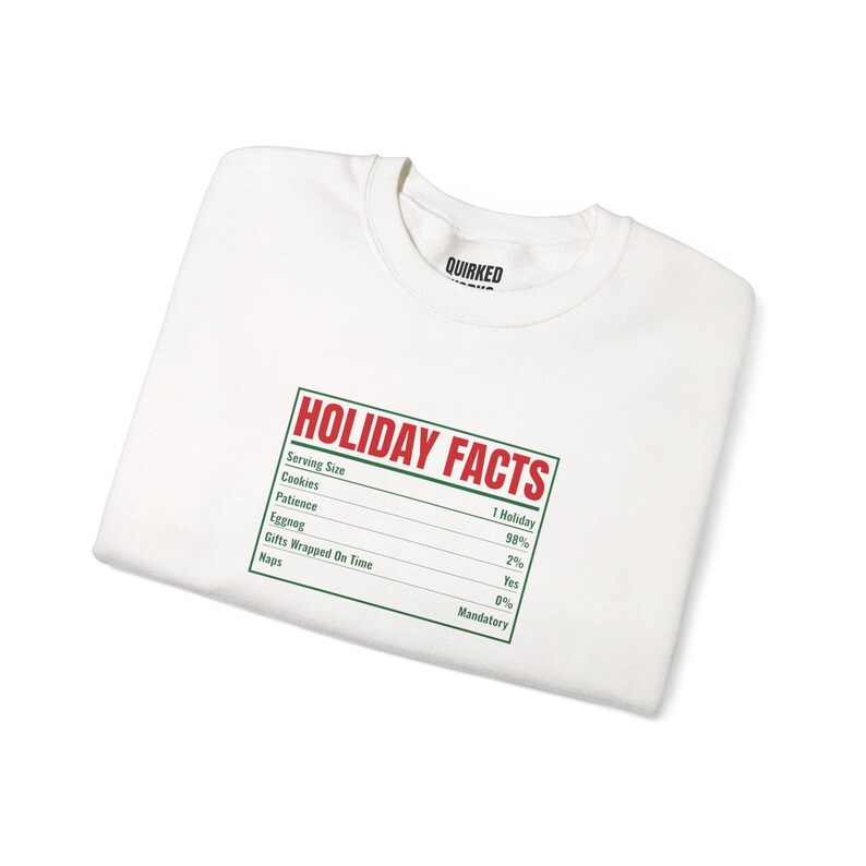 Sweatshirt met voedingswaarde-etiket en feestelijke print, kersttrui met ronde hals, kerstcadeau voor hem of haar, outfit voor een kerstfeest, bijpassende kerstoutfit voor het hele gezin afbeelding 2