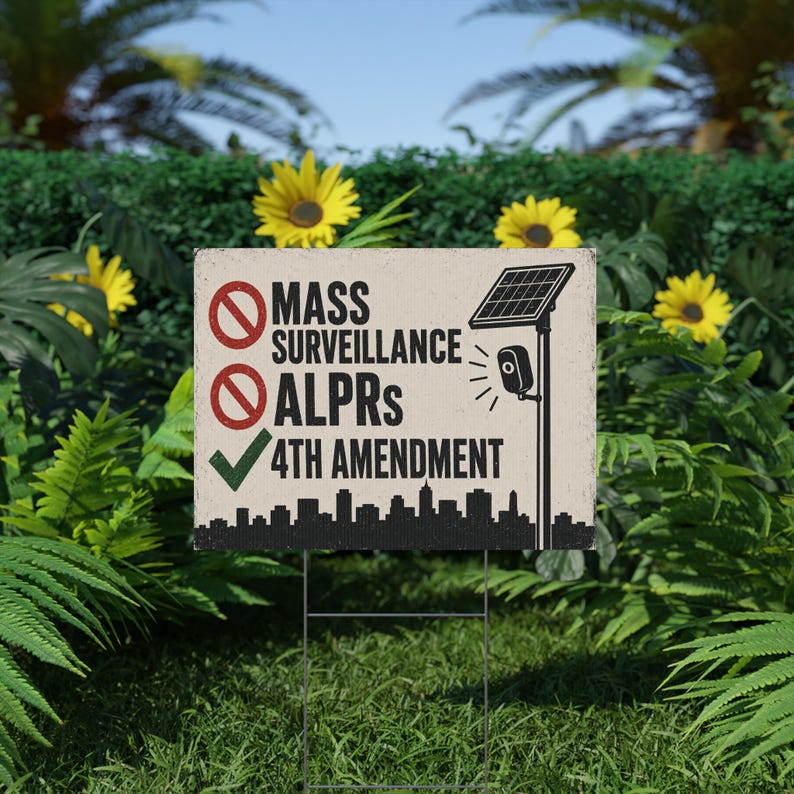 Vintage stadsbord voor in de tuin, 24x18 cm met paal: Geen massasurveillance, bord ter ondersteuning van het 4e amendement, anti-ALPR kentekenplaatlezer afbeelding 6