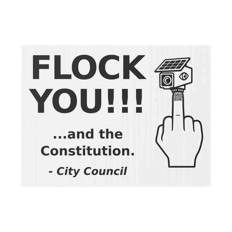 Rolig gårdsskylt med övervakningsskydd, 24x18: FLOCK YOU och konstitutionen. Anti-flockkamera, ALPR-skylt med registreringsskyltsläsare och påle bild 1
