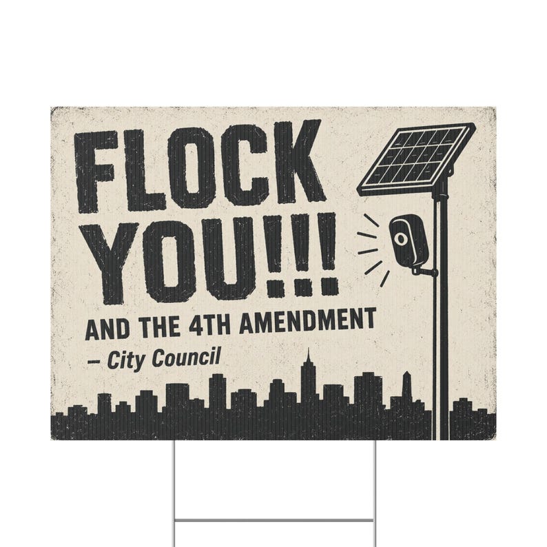Cartel de protesta vintage con el horizonte de la ciudad, 24x18 con estaca: FLOCK YOU y la Cuarta Enmienda. Cámara anti-Flock, ALPR, anti-vigilancia. imagen 2