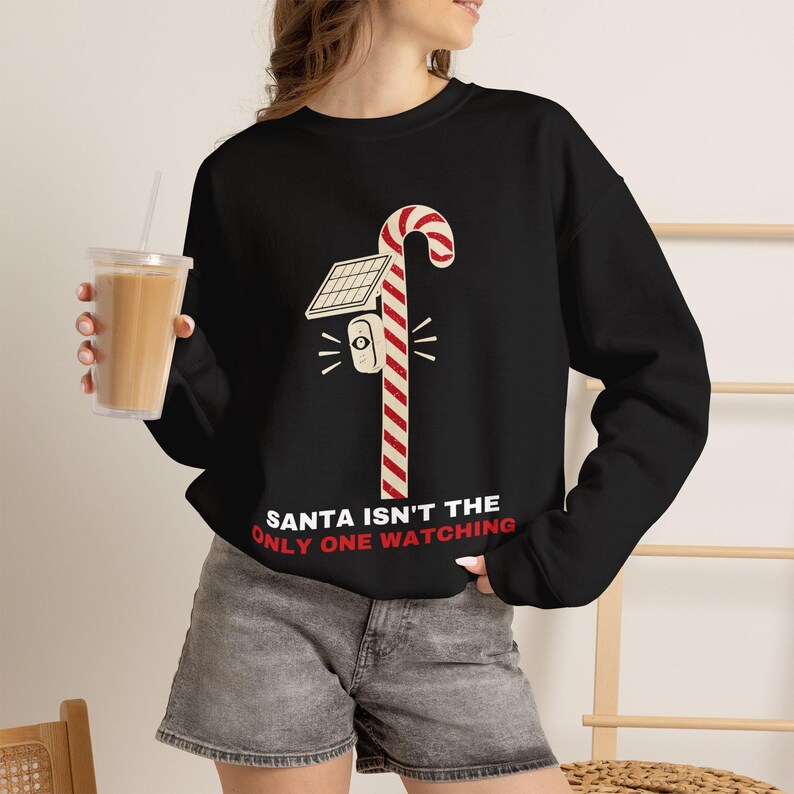 Christmas Sweatshirt for Her or Him, Santa Isn't the Only One Watching Crewneck, Candy Cane Camera Pole image 7