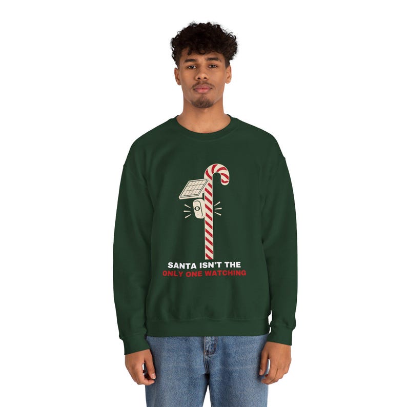 Christmas Sweatshirt for Her or Him, Santa Isn't the Only One Watching Crewneck, Candy Cane Camera Pole image 5