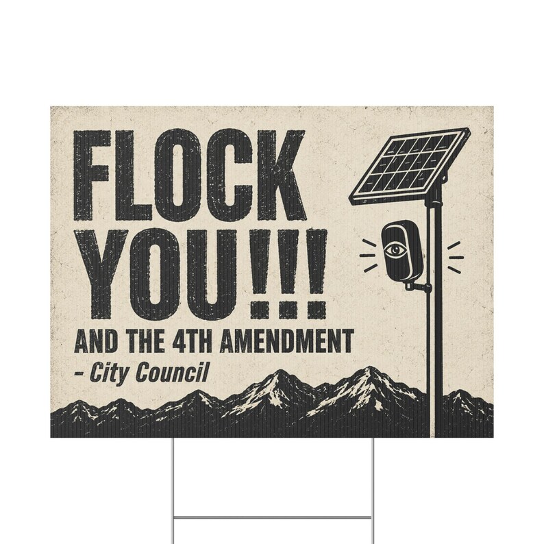Vintage Mountain Range Protest Yard Sign, 24x18 with Stake: FLOCK YOU and the 4th Amendment. Anti Flock Camera, ALPR, Anti Surveillance image 2
