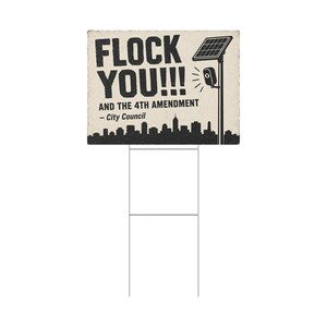 Cartel de protesta vintage con el horizonte de la ciudad, 24x18 con estaca: FLOCK YOU y la Cuarta Enmienda. Cámara anti-Flock, ALPR, anti-vigilancia. imagen 3