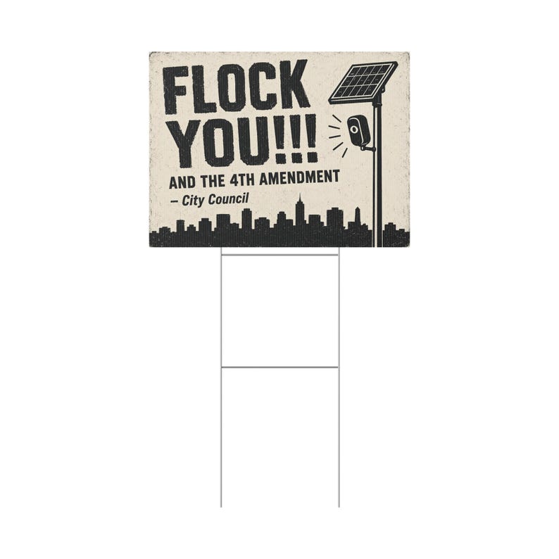 Cartel de protesta vintage con el horizonte de la ciudad, 24x18 con estaca: FLOCK YOU y la Cuarta Enmienda. Cámara anti-Flock, ALPR, anti-vigilancia. imagen 3