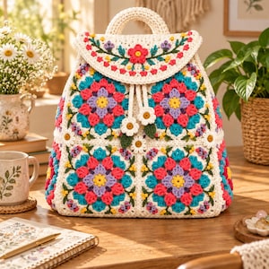 Op de afbeelding: Een crèmekleurige gehaakte rugzak met een levendig granny square-patroon en bloemmotieven in roze, turquoise, geel en paars. De tas is voorzien van een handvat aan de bovenkant, een trekkoordsluiting met madeliefjes en een klepsluiting.