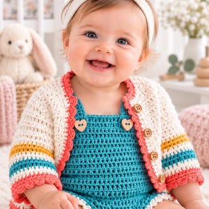 Puede incluir: Un cárdigan de ganchillo color crema con rayas coral, amarillas y verde azulado, con un borde festoneado coral y botones de madera, sobre un pelele de ganchillo verde azulado con botones de madera en forma de corazón y una diadema color crema.