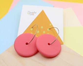 Silicone hoop disc statement earrings, Flamingo Pink 30mm hoops.