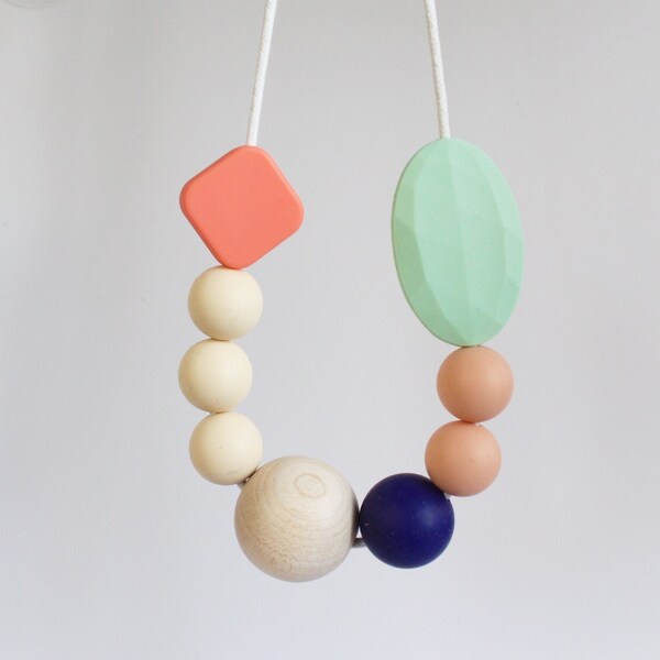 SALE! Teething Necklace, BPAfree chewable silicone beads + natural round wooden bead by Mustard & Mint