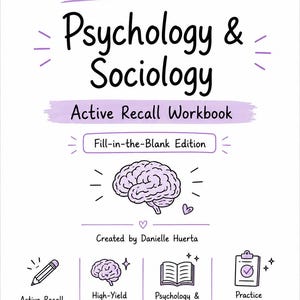 May include: A white workbook cover titled MCAT with Danielle Psychology & Sociology Active Recall Workbook Fill-in-the-Blank Edition. It features a central purple brain illustration, a pencil, a book, and a clipboard icon with purple accents.