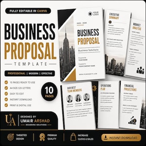 May include: A digital business proposal template in Canva featuring a black, white, and gold color scheme. The layout includes sections for an executive summary, market analysis, team members, operations plan, and financial projections with city imagery.