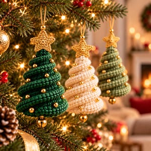 May include: Three cone-shaped Christmas tree ornaments made of crocheted yarn in dark green, cream, and light green. Each ornament features a gold crocheted star at the top, small gold beads embedded in the yarn, and a gold bell at the base.