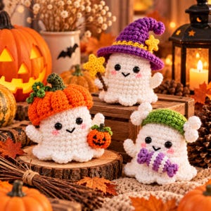 May include: Three white crocheted ghost figures with black eyes and pink cheeks. One ghost wears a purple witch hat and holds a yellow star wand. Another wears an orange pumpkin hat and holds a small pumpkin. The third wears a green hat and holds a purple candy.