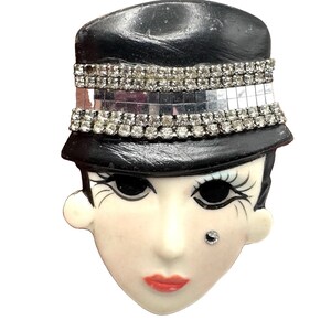 VTG Marsha Bauer Deco Flapper Girl Face Brooch  Ceramic Rhinestone Pin