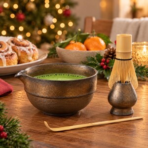Matcha Bowl Set, Spouted Rustic Stoneware Chawan, Bamboo Whisk and Holder, Unique Tea Gift