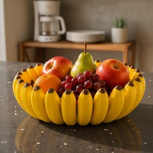 Op de afbeelding: Een decoratieve fruitschaal in de vorm van een ring van gele bananen met bruine uiteinden. De schaal is gevuld met een verscheidenheid aan vers fruit, waaronder twee rode appels, een groene peer, een tros paarse druiven en een sinaasappel.