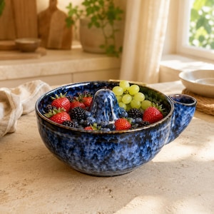 Hand Painted Ceramic Berry Bowl, Water Powered Vortex Rinser, Self Draining Kitchen Colander