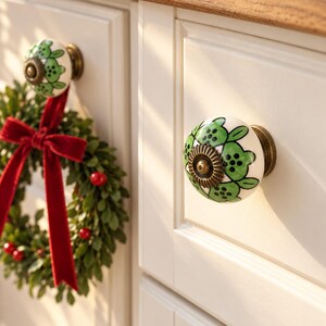 Ceramic Cabinet Knobs Set of 6, Floral Drawer Pulls, Cottage Kitchen Dresser Hardware