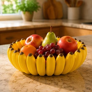 3D Printed Banana Fruit Bowl, Handmade Yellow Countertop Holder, Sculptural Cottage Kitchen Decor