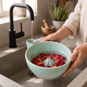 Peut inclure: Un bol passoire à baies en céramique vert clair avec un presse-agrume central et un bec d'admission d'eau latéral. Le bol est rempli d'eau, de fraises et de framboises fraîches, placé sous le jet d'un robinet de cuisine noir.