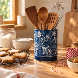 Blue and White Ceramic Utensil Holder – Floral Utensil Crock with Drip Tray, Housewarming Gift