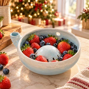 Scalloped Glazed Ceramic Berry Bowl, Water Powered Fruit Rinser, Self Draining Kitchen Colander