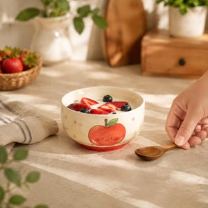 Hand Painted Ceramic Cereal Bowl, Colorful Fruit Pattern Rice Dish, Cottage Kitchen Serveware