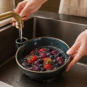 Ceramic Berry Washing Bowl, Handmade Vortex Fruit Rinser with Side Inlet, Rustic Kitchen Serveware