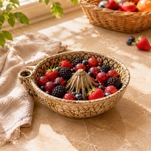 Handmade Rustic Stoneware Berry Bowl, Built In Fruit Strainer, Farmhouse Kitchen Colander