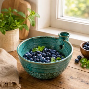 Könnte beinhalten: Eine runde, türkisfarbene Keramikschale für Beeren mit strukturiertem Boden und einem kleinen integrierten Griff mit kreisförmiger Öffnung. Die Schale ist mit frischen Blaubeeren und grünen Minzblättern gefüllt und hat eine glänzende Glasur.